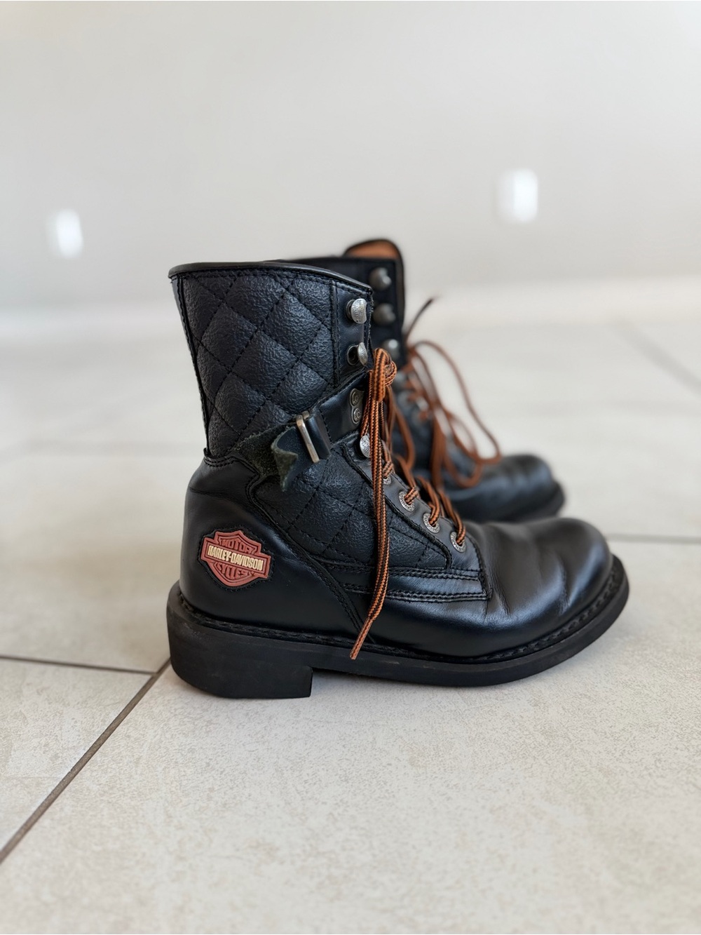 Harley-Davidson Black Leather Quilted Ankle Boots with Brown Laces